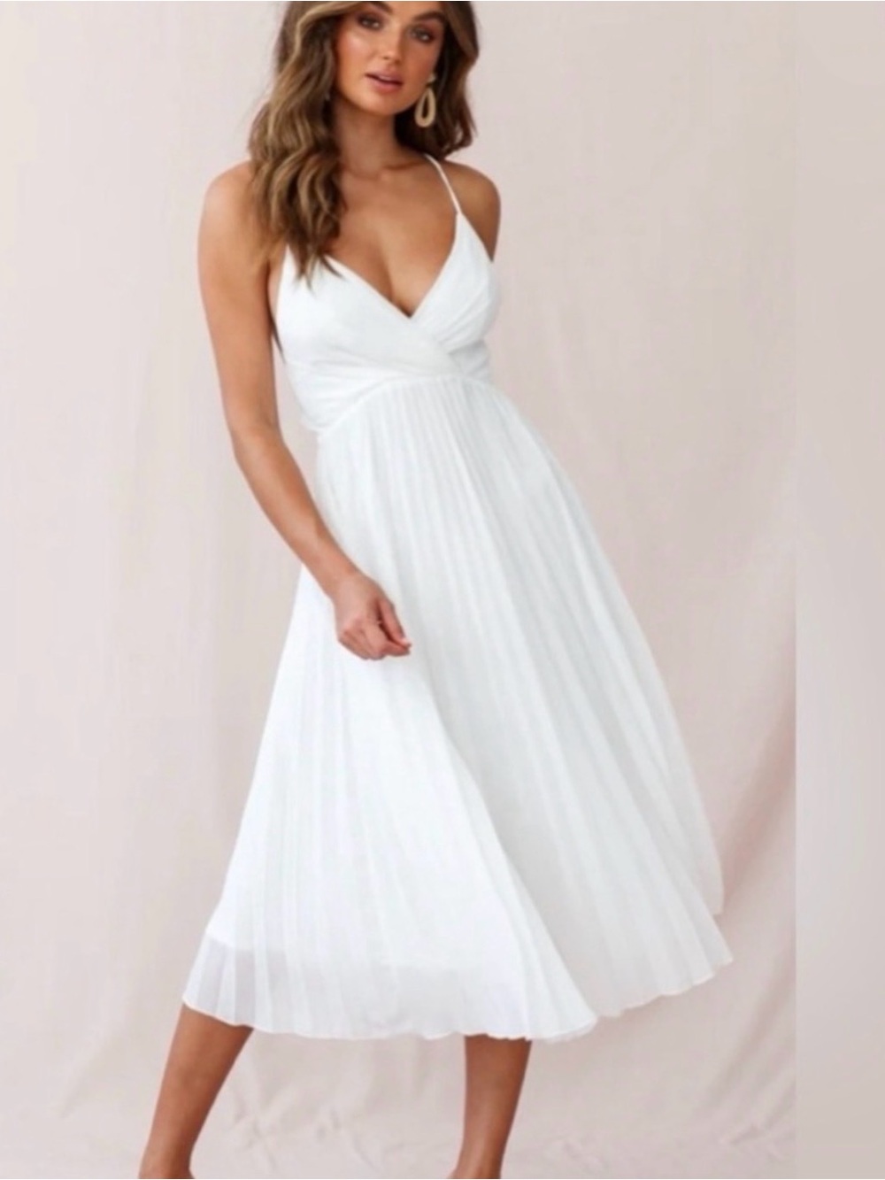White Pleated V-Neck Spaghetti Strap Midi Dress